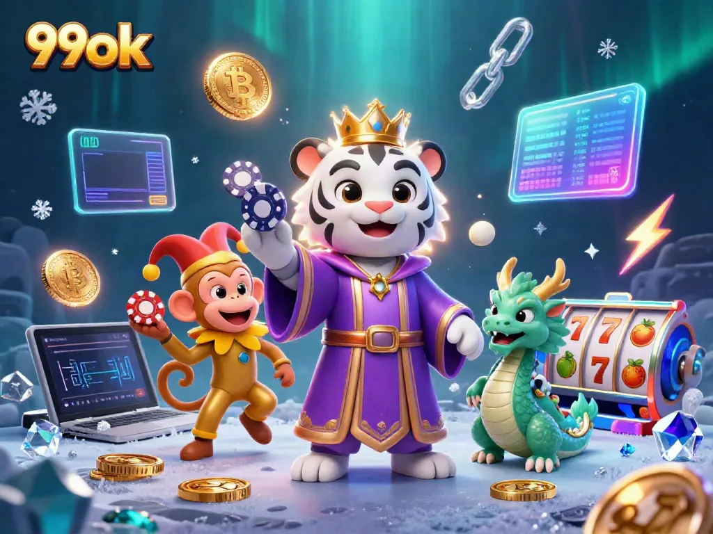 Experience the thrilling excitement of 99ok casino with slot reels and playful characters.