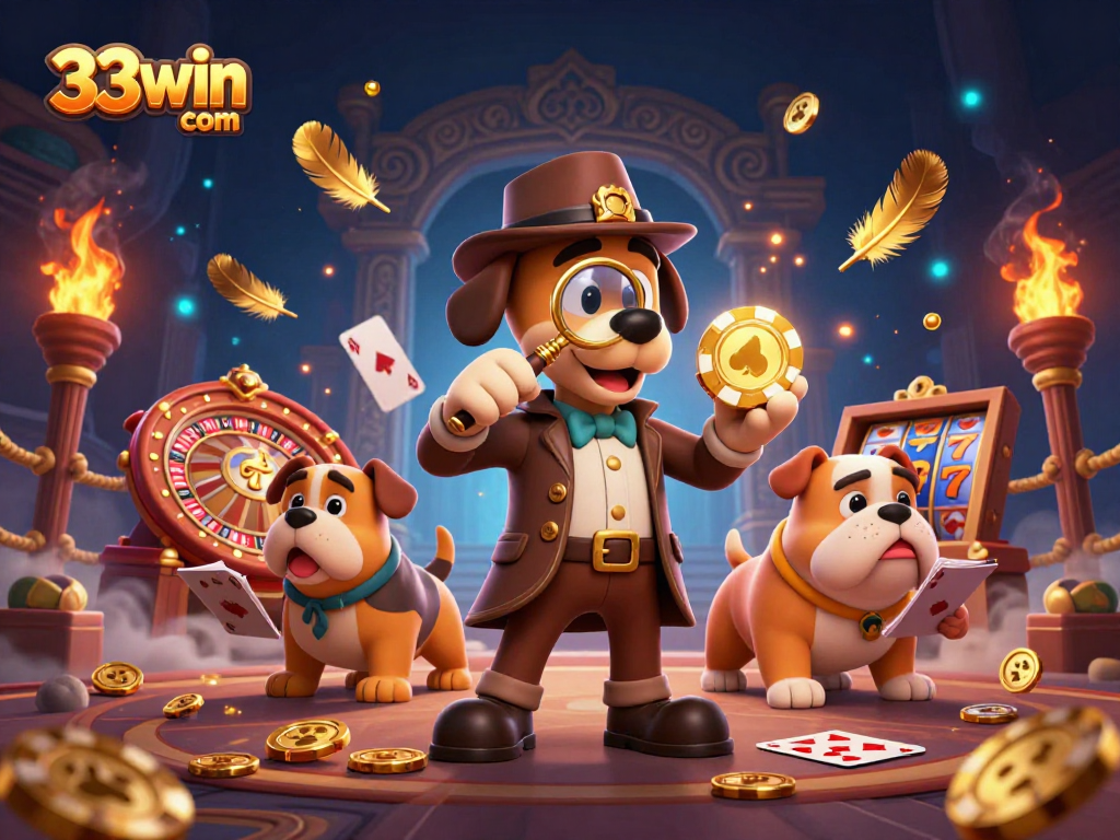 Engage with thrilling games at 33win com featuring a detective and bulldog in a vibrant casino scene.
