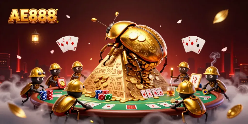 Explore gaming excitement with AE888 as a golden dung beetle embodies casino adventures.
