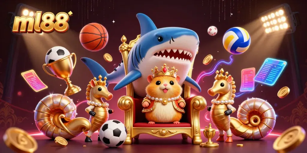 Engage in thrilling gaming with the ml88 illustrated scene showcasing an extravagant casino with dynamic characters and sports elements.