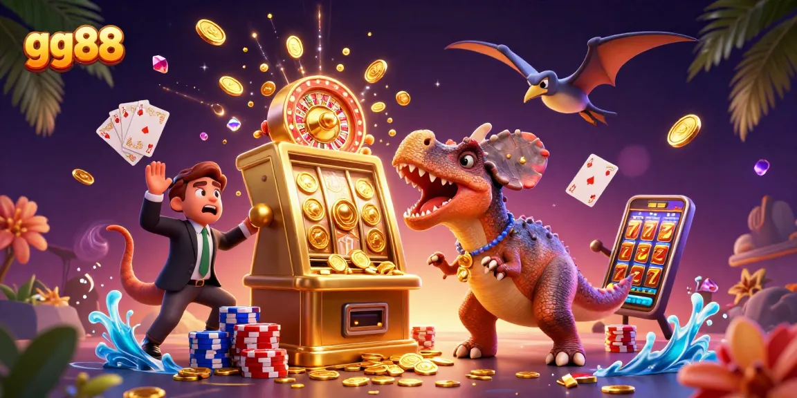 Engage with gg88 in this dynamic casino scene featuring a dinosaur, jackpot slot machine, and golden coins.