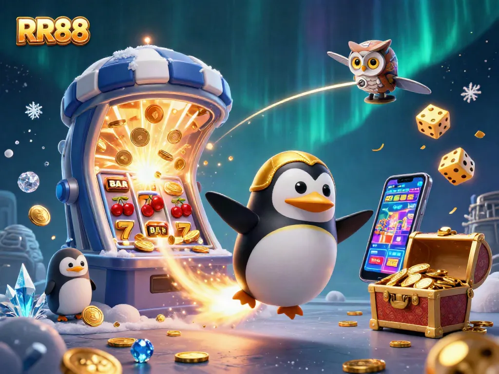 Watch RR88's golden penguin navigate through a vibrant casino universe filled with exciting games.