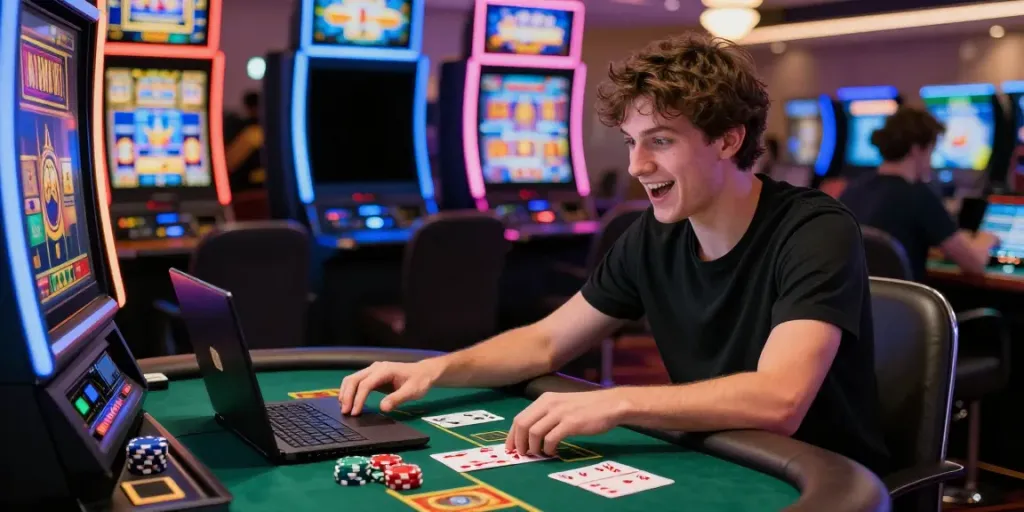 Excited player enjoying gameplay at a non UK casino with vibrant slot machines and gaming elements.