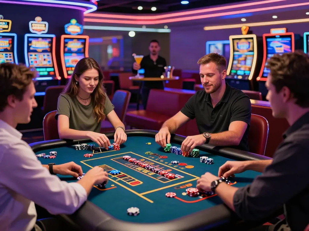 Exciting non UK casino environment with players at roulette and slots, vibrant colors and dynamic mood.