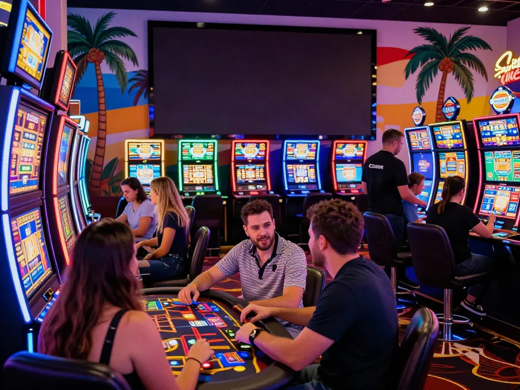 Exciting scene at a non UK casino with lively gameplay and tropical decor.
