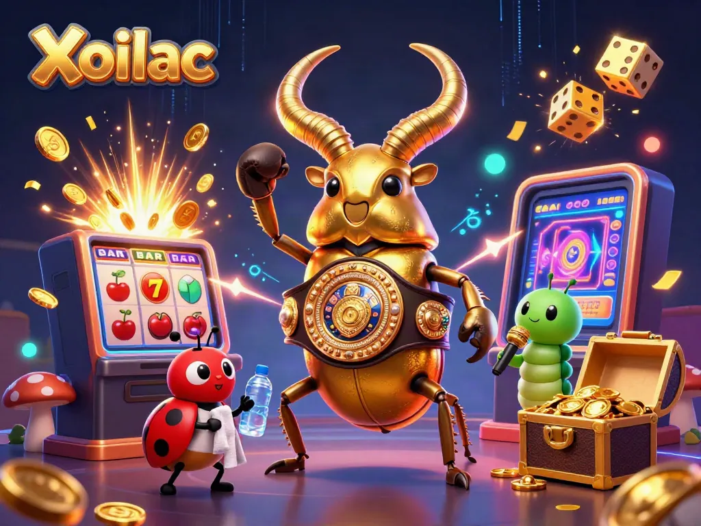 Xoilac features a golden stag beetle boxing champion amidst dynamic casino elements.