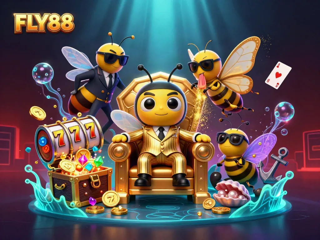 FLY88 showcases a 3D mob boss surrounded by slot games and treasures, delivering a captivating casino atmosphere.