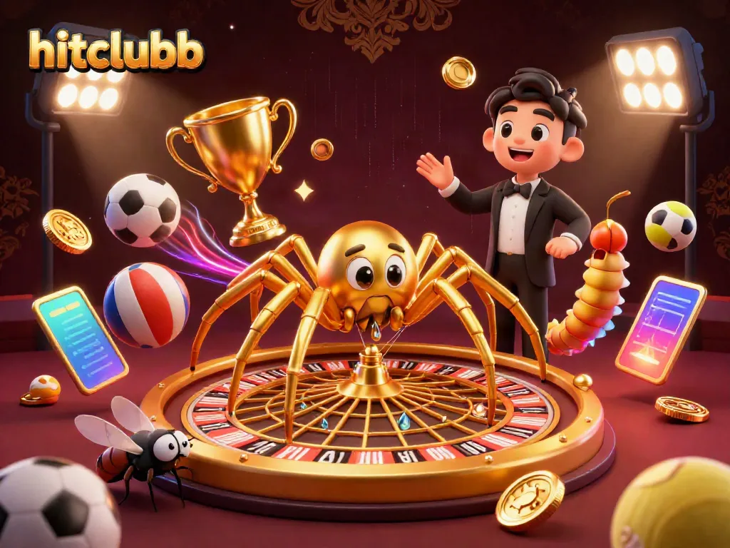 Hitclubb interactive gambling scene featuring a golden spider, sports betting elements, and dynamic action.