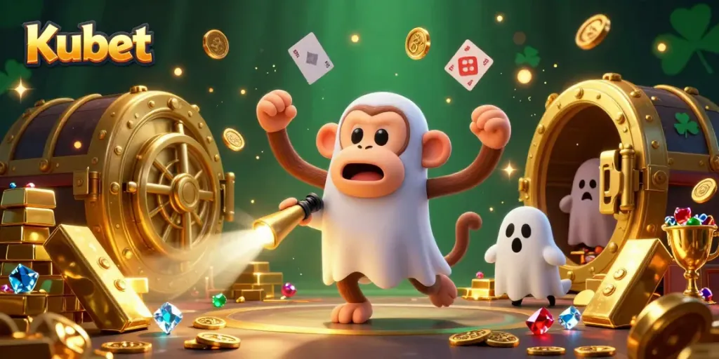 Kubet showcases an exciting 3D casino scene with mischievous characters and golden treasures.