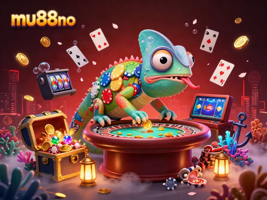 Engage with mu88no's vibrant casino experience featuring a colorful chameleon surrounded by dynamic game elements.