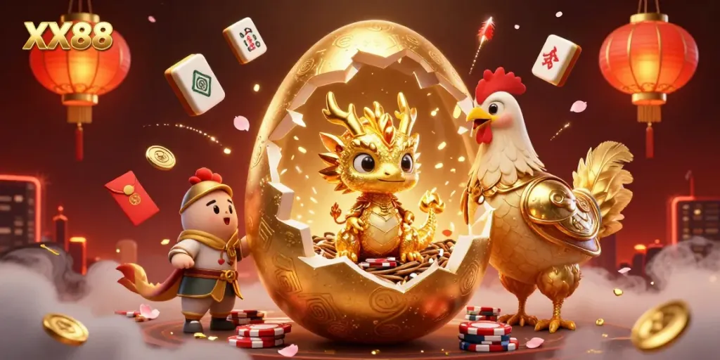 Experience exciting gameplay at XX88 with this vibrant illustration featuring a golden dragon and casino elements.