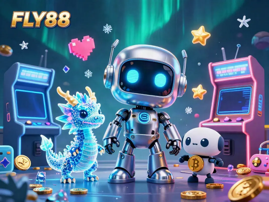 FLY88 presents a vibrant cyberpunk casino scene with robots and gaming elements.