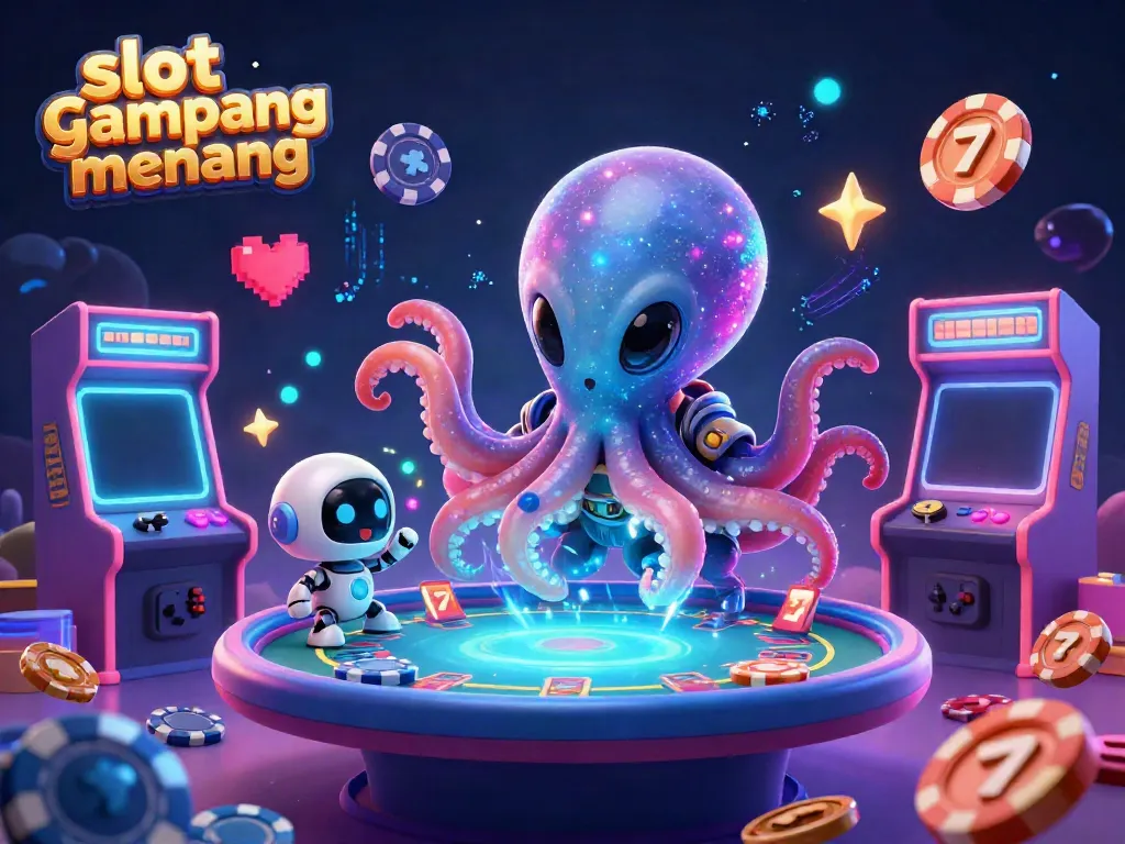 Experience the thrill of slot gampang menang with a vibrant 3D scene featuring an alien octopus at a holographic poker table with vibrant casino elements.