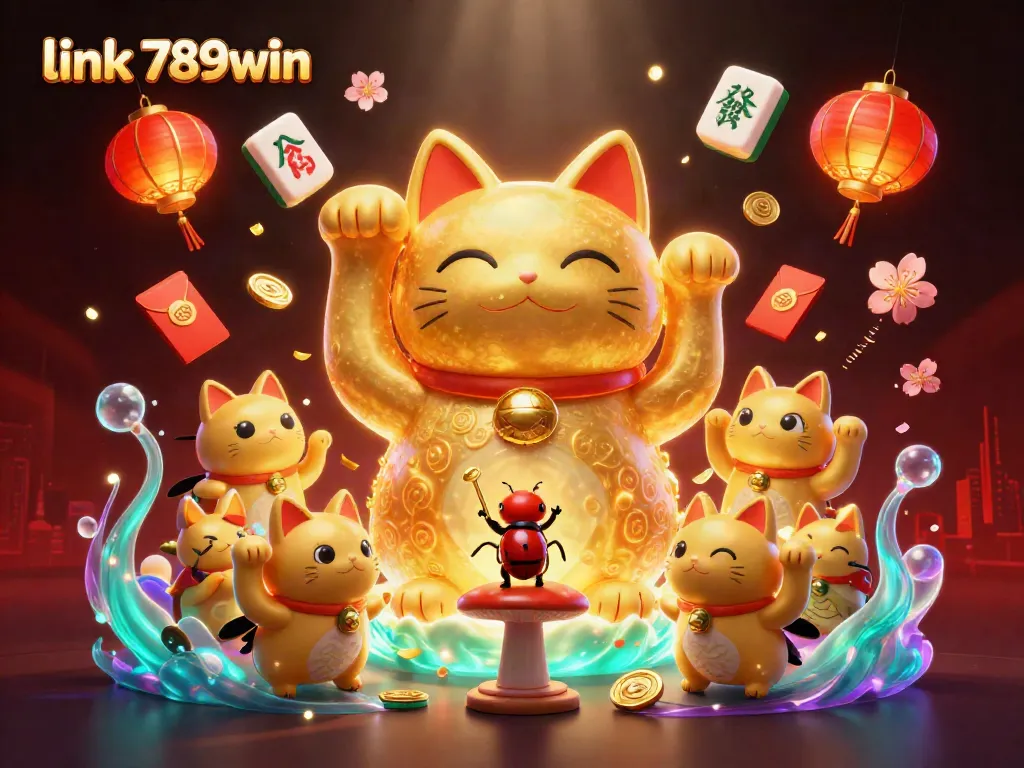 Experience the fun of link 789win with a vibrant illustration of a lucky cat and casino symbols, creating an enchanting atmosphere.