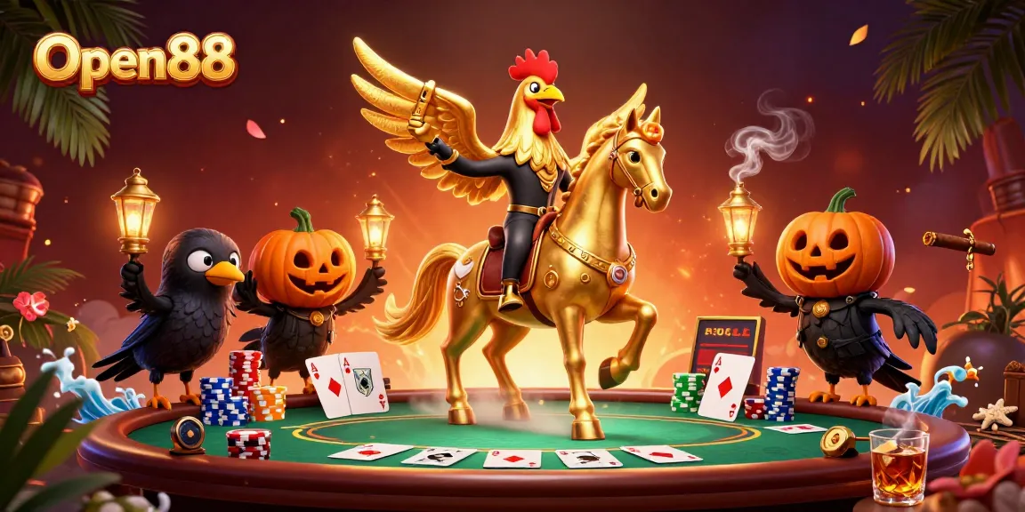Open88 showcases a dynamic casino scene with a golden rooster and spectral horse amid poker elements.