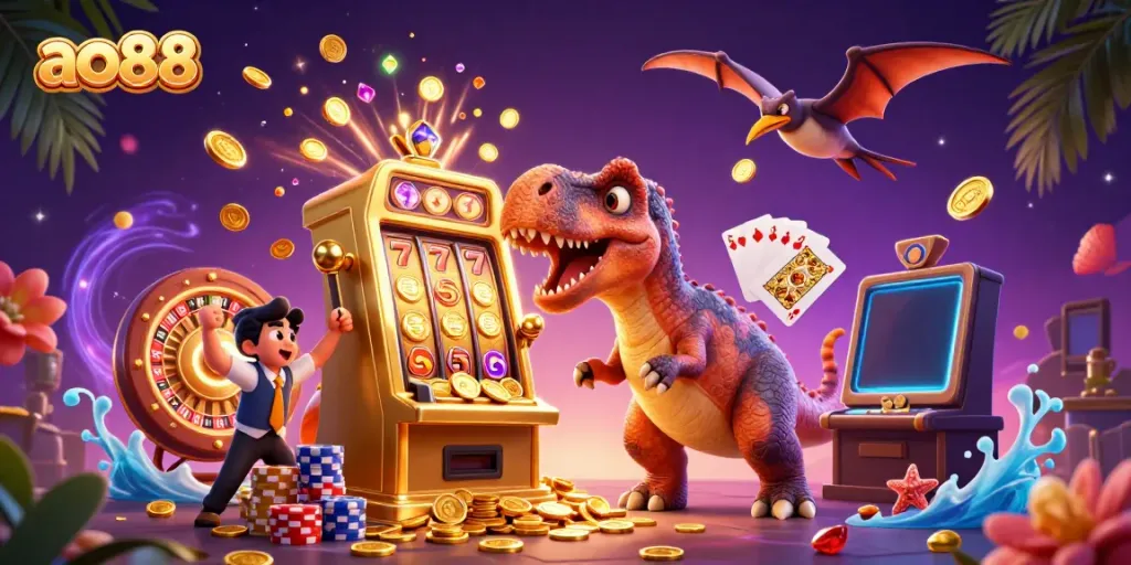 Catch flying coins in ao88 while a dinosaur triggers jackpot at a golden slot machine.