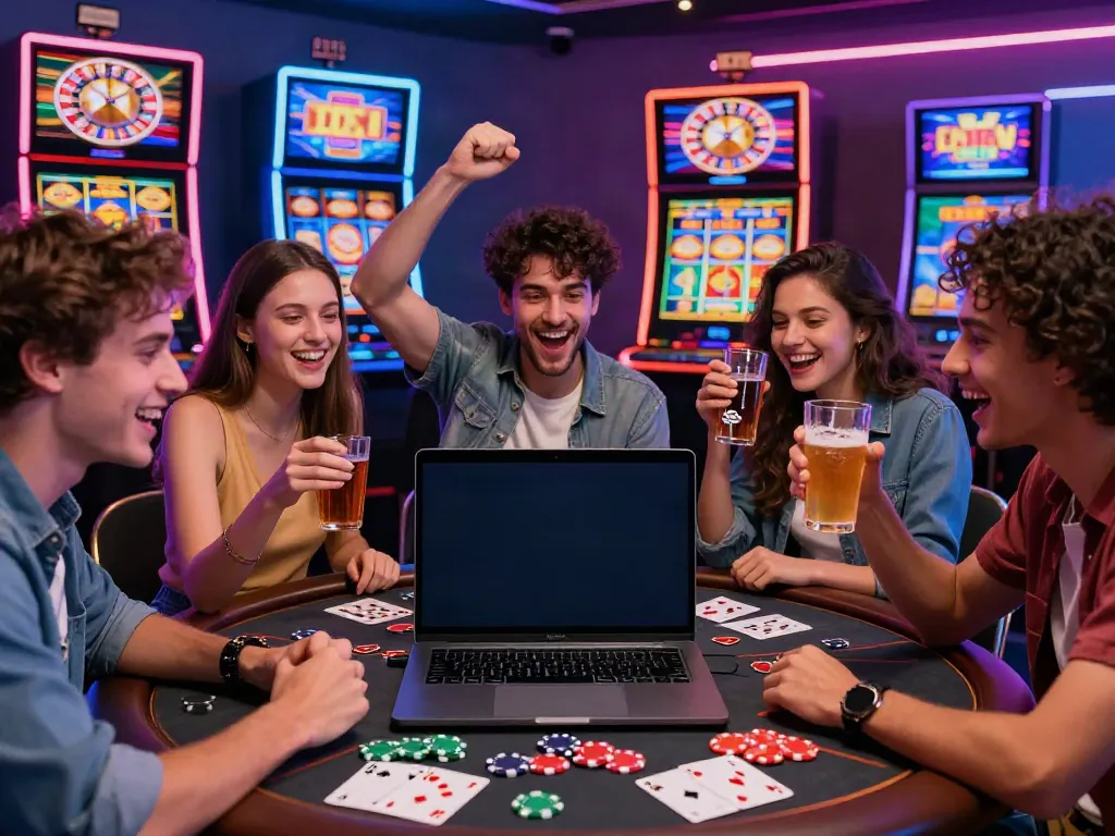 Diverse friends exploring games at a non UK casino on a laptop in a lively atmosphere.