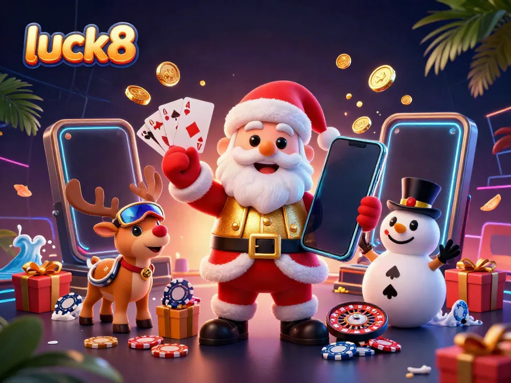 Win big with luck8 as a festive Santa showcases a jackpot slot game in a vibrant casino setting.