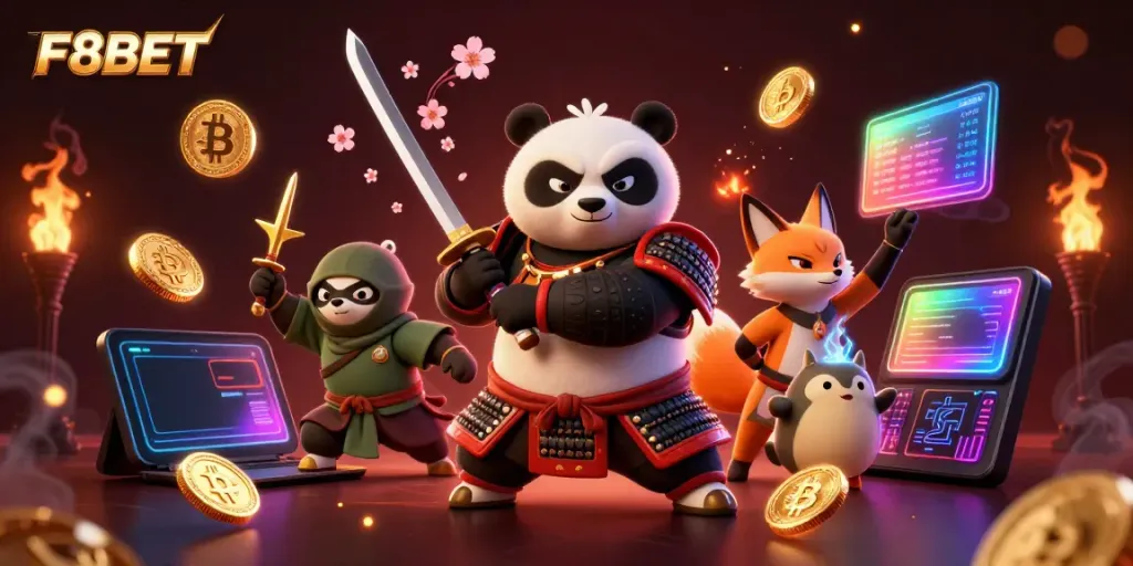 Engage with F8BET as a panda samurai prepares for action amidst cryptocurrency elements in a vibrant scene.