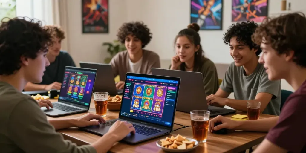 Friends enjoying an online gaming session at a non UK casino, showcasing a vibrant gaming platform in a cozy atmosphere