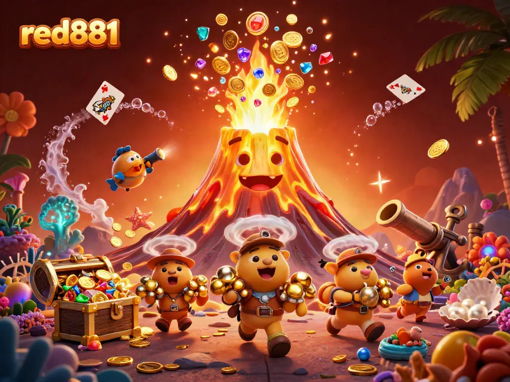 Experience the vibrant excitement of red881 with a dazzling eruption of treasures and casino elements.