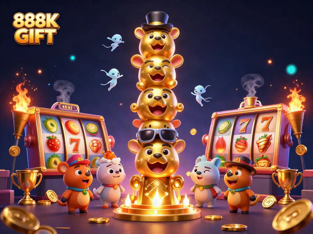 Engage with gaming excitement featuring 888K GIFT in a dynamic casino-themed scene with rich 3D elements.