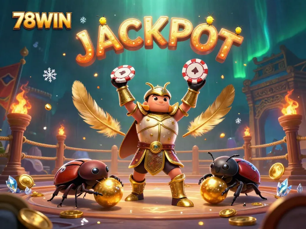 Experience the thrilling jackpot victory at 78WIN with heroic beetle champions in a high-stakes casino scene.