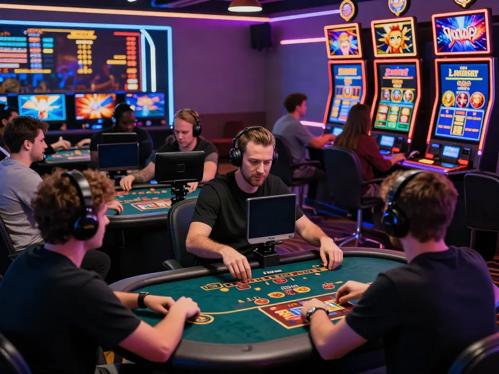 Exciting non UK casino scene with diverse players engaged in games and vibrant digital graphics.