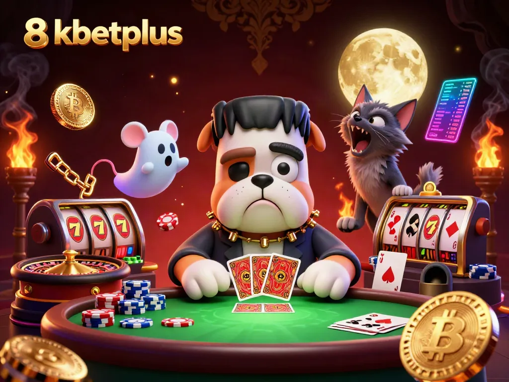 Engage with 8xbetplus as the Frankenstein bulldog monster deals cards in a spooky casino scene.