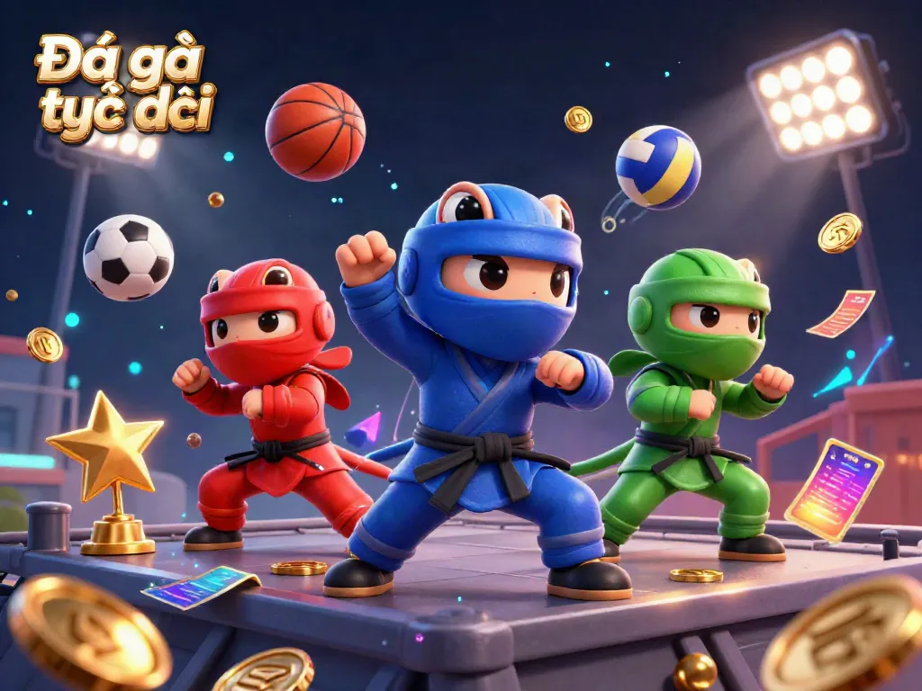 Experience Đá gà trực tiếp with thrilling martial arts elements and dynamic sports balls in this vibrant scene.
