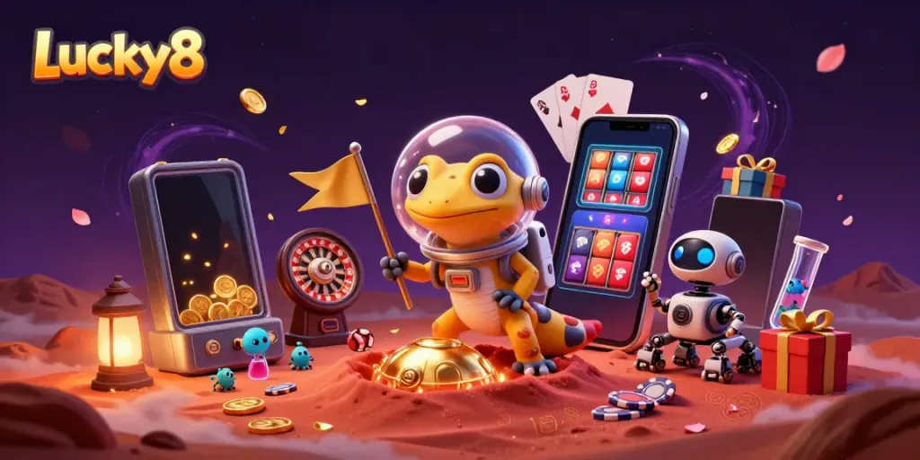 Experience Lucky8 fun with a Martian gecko uncovering a hidden casino, filled with gaming excitement.