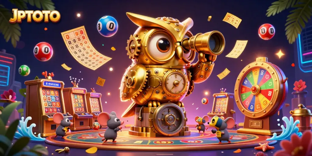 Engage with JPTOTO's vibrant jackpot scene featuring a golden owl, colorful lottery balls, and dynamic casino elements.