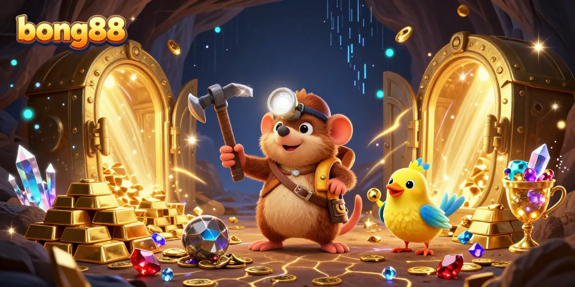 Experience the excitement at Bong88 with a vibrant digital mining scene illustrating treasures and gems.