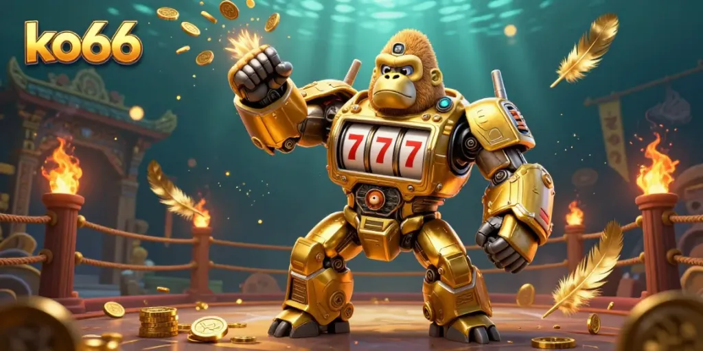 Experience thrilling wins at ko66 casino with a golden gorilla mech surrounded by dynamic gambling elements.
