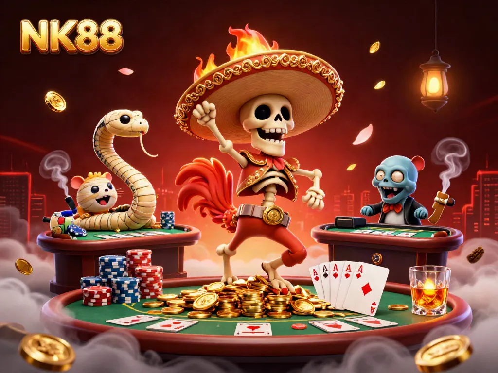 Celebrate wins at NK88 with vibrant 3D casino scene full of action and colorful characters.
