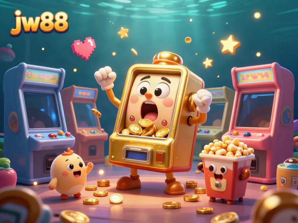 Experience the thrill with jw88's golden slot machine hitting the jackpot, coins spilling everywhere!