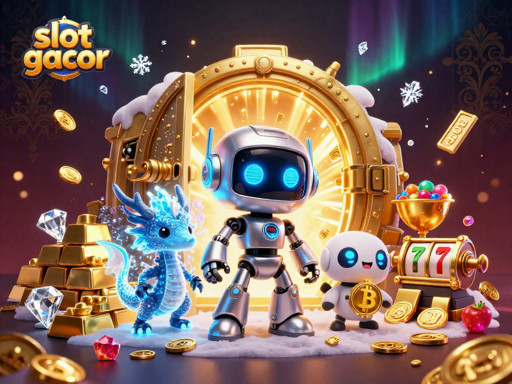 Engage with slot gacor opportunities amidst vibrant casino elements in a dynamic scene.