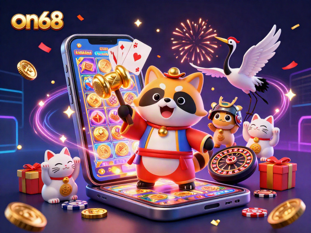 Engaging on68 casino scene featuring a cheerful tanuki, crane, and fortune cats enjoying a vibrant festival.