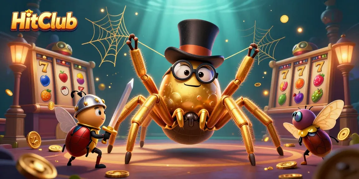 HitClub brings excitement with a golden tarantula weaving winnings in a vibrant casino scene.