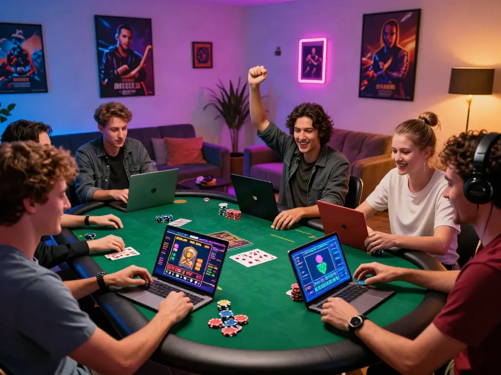 Friends enjoying a non UK casino gaming experience with laptops and vibrant decor.