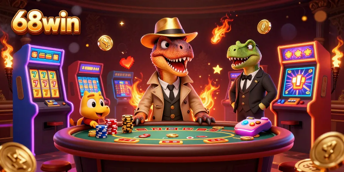 Experience thrilling action and rewards with 68win's vibrant casino scene featuring animated characters.
