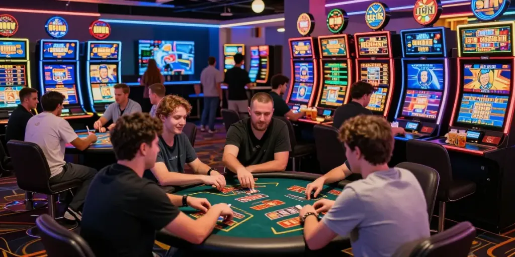 Players enjoying thrilling experiences at a non UK casino with vibrant gaming machines and interactive elements.
