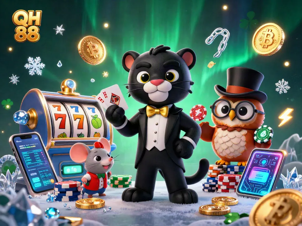 Engage with QH 88's thriving casino world as a stylish panther deals cards, accompanied by lucky friends.