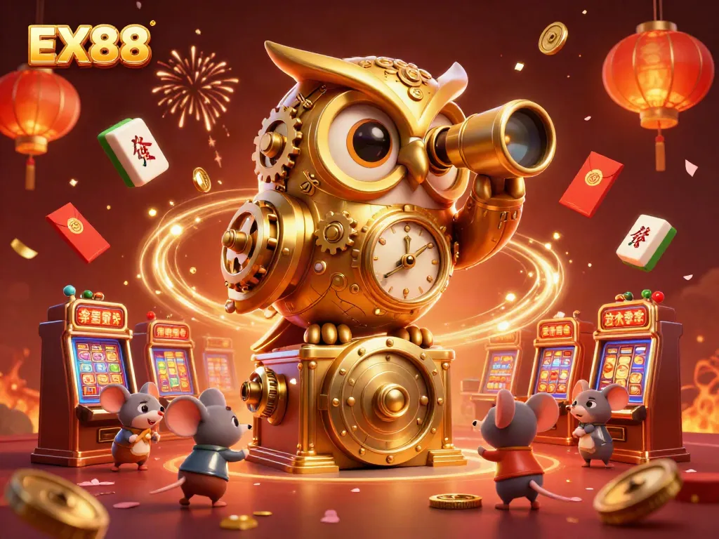 EX88 themed casino scene featuring a clockwork owl, mahjong tiles, and festive elements.
