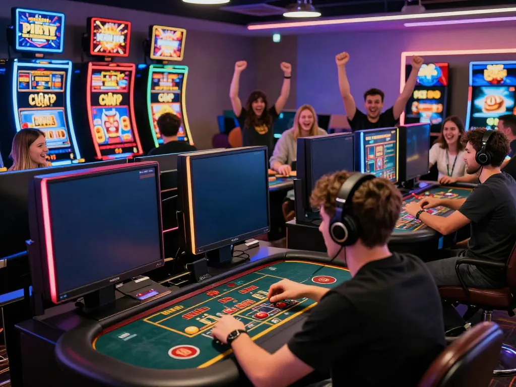 Players enjoying a thrilling experience at a non UK casino with vibrant lighting and engaging games.