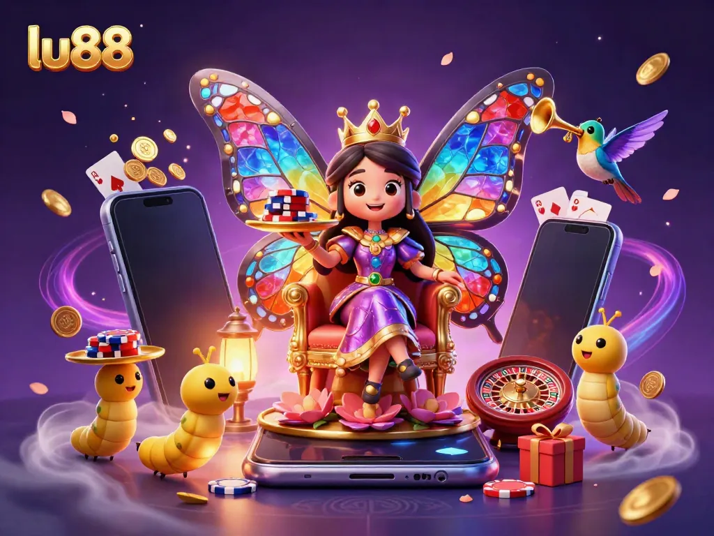 Experience the vibrant world of lu88 with a cartoon fairy queen surrounded by casino elements.