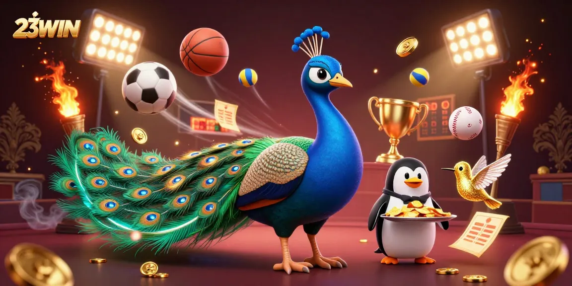 Engage with 23WIN's lavish casino adventure featuring a peacock and sports elements.
