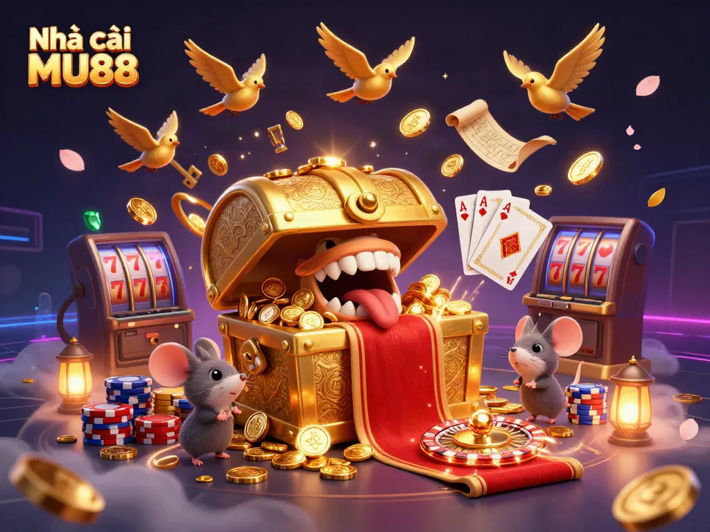 Engaging gamblers at Nhà cái MU88 with a vibrant and inviting treasure chest scene amidst cascading golden coins and a spinning roulette wheel.