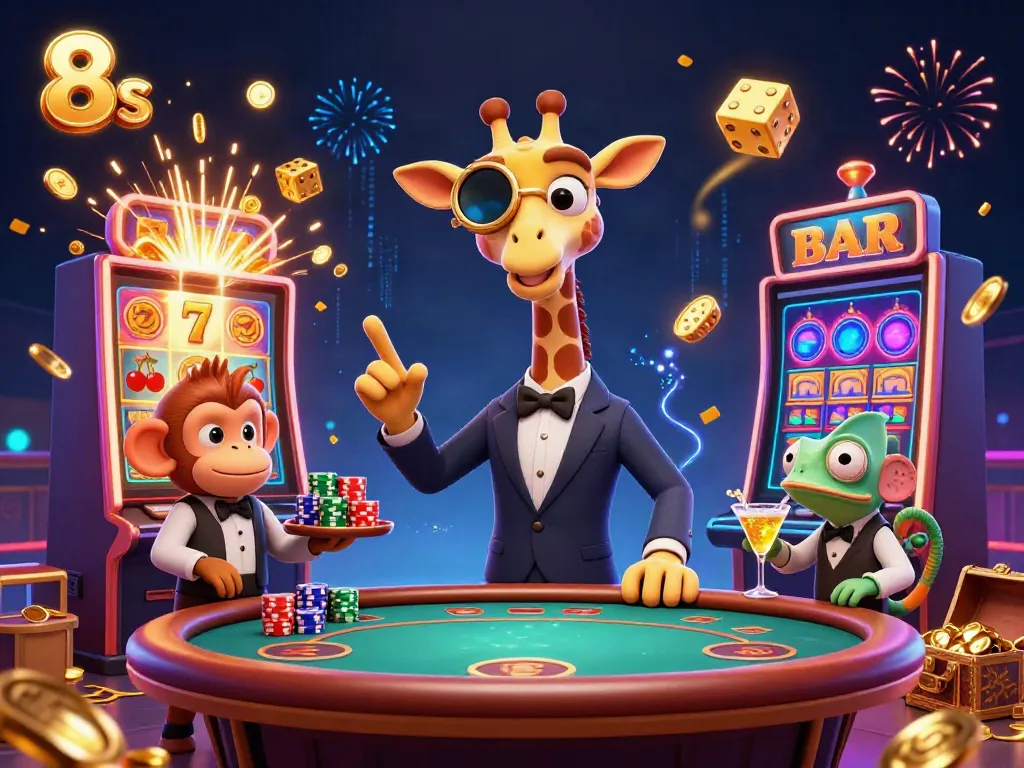 Engage with exciting 8s gaming at a vibrant casino scene featuring animated characters and dynamic game elements.