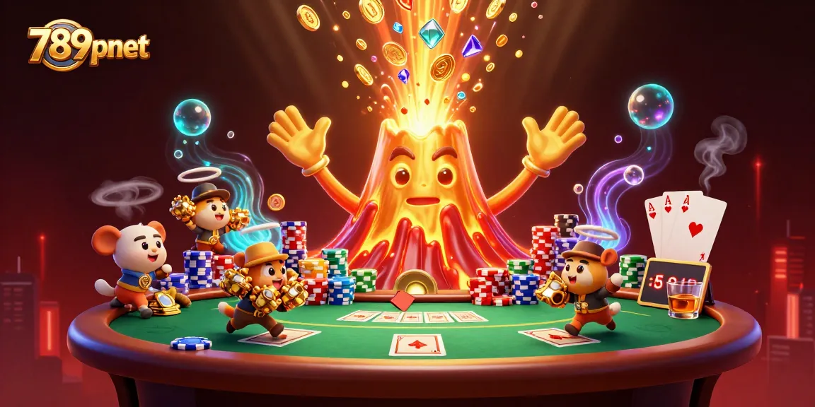Win big at 789pnet with triumphant golden volcano and treasure-filled poker scene.